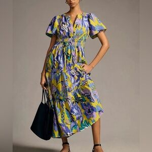 Anthropologie Somerset Maxi Dress, lime green & purple, size L, EUC